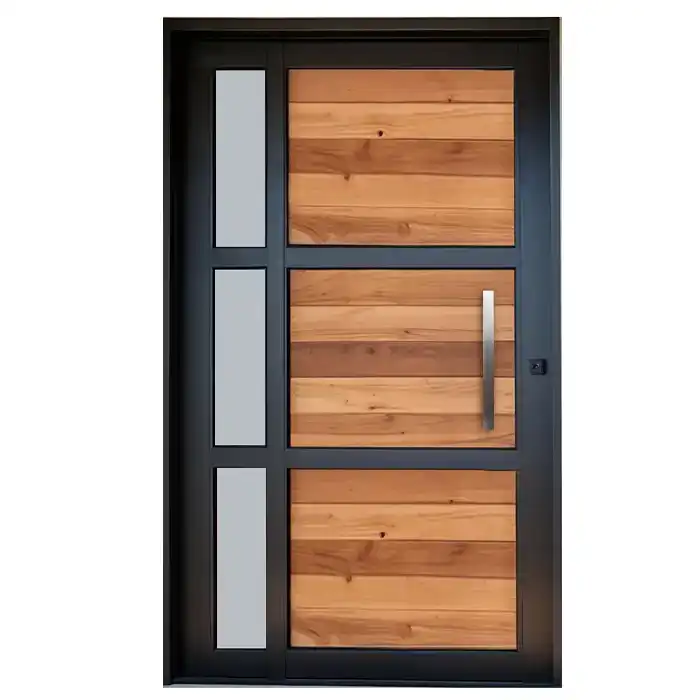 Aluminium Pivot Door with Timber Panels and Vertical Side Glass