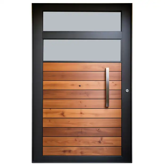 Aluminium Pivot Door with Timber Slats and Top Glass Panel