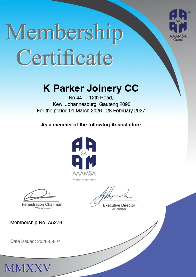 K Parker Joinery AAAMSA Fenestration certificate