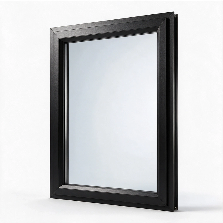 Black aluminium window frame with glass