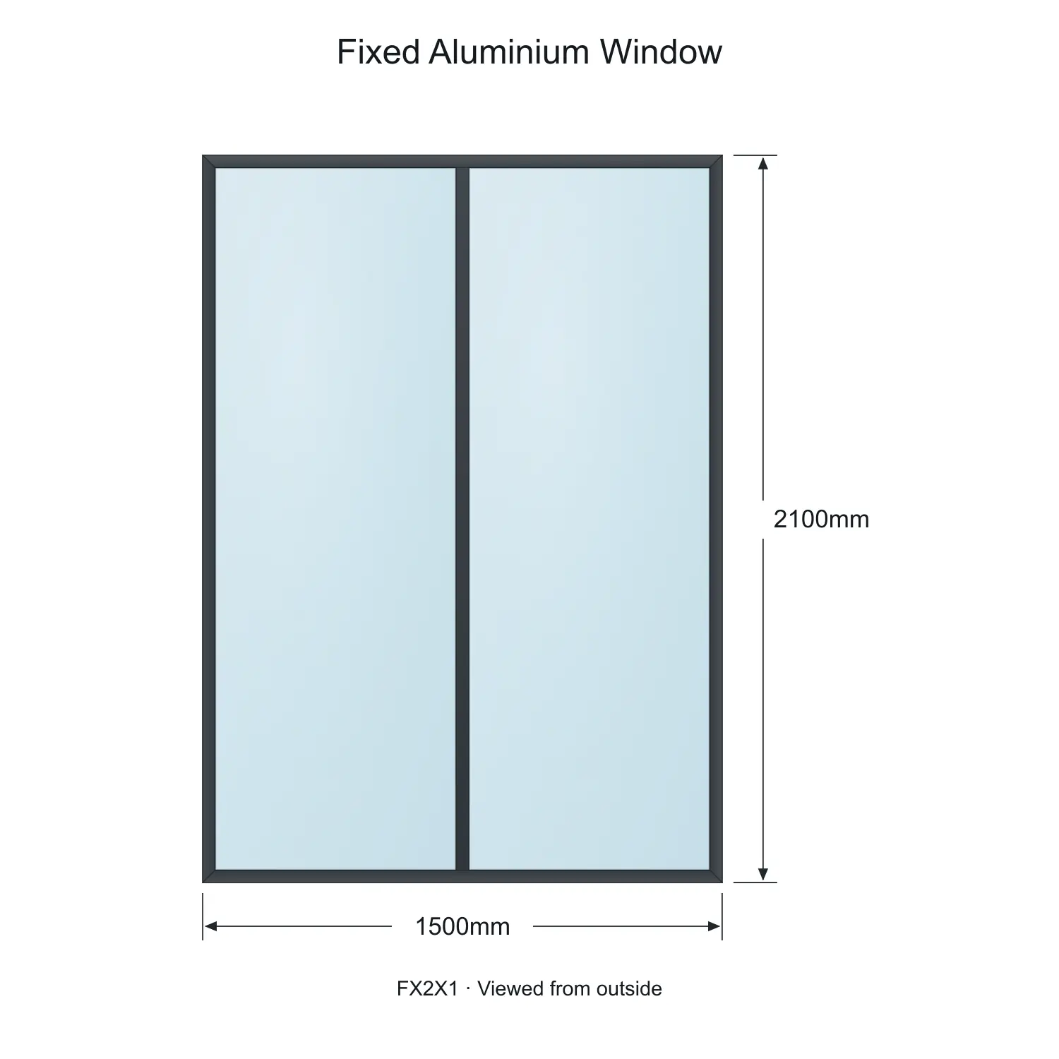 fixed aluminium window 2 panel fx2x1 1500 x 2100 mm measurements