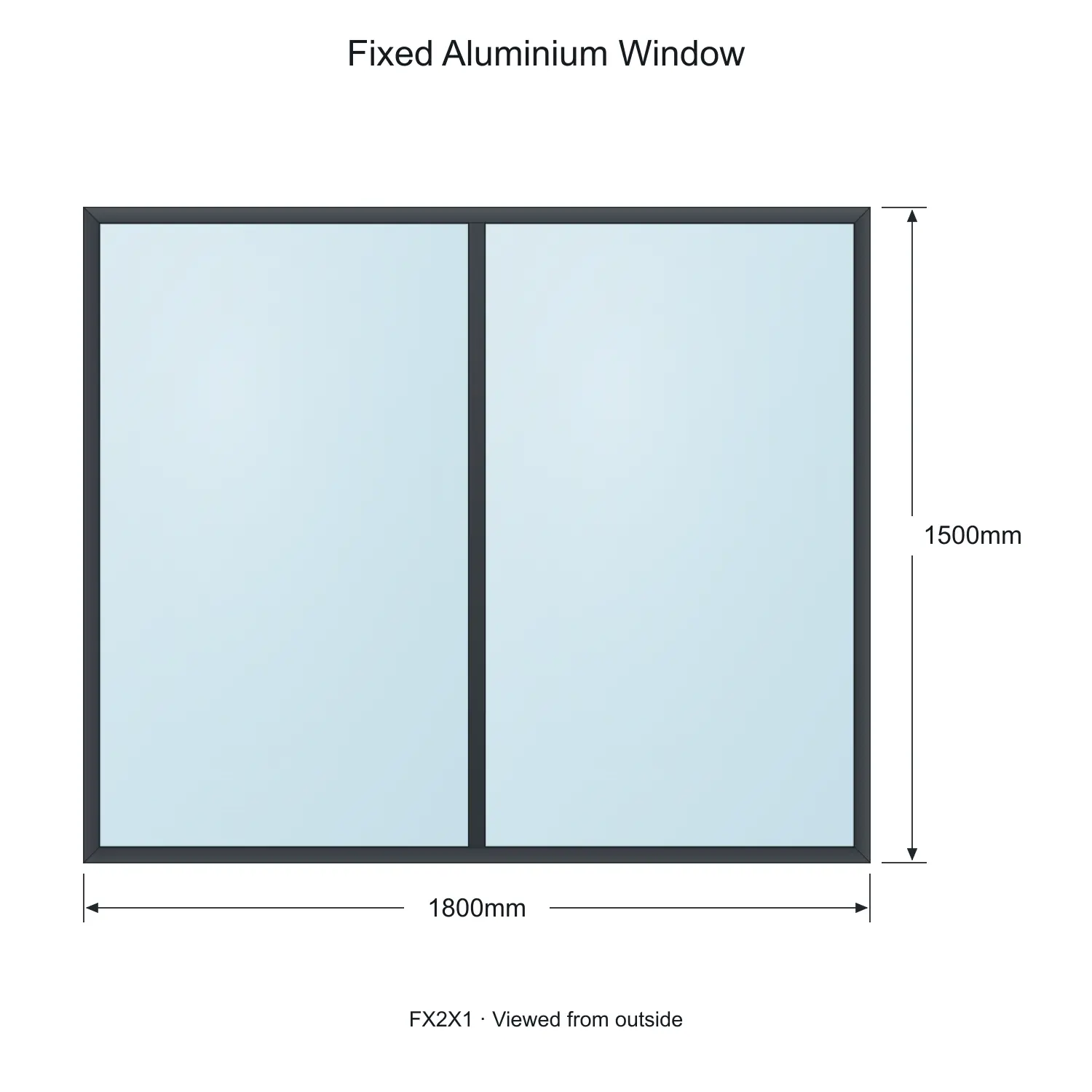 fixed aluminium window 2 panel fx2x1 1800 x 1500 mm measurements