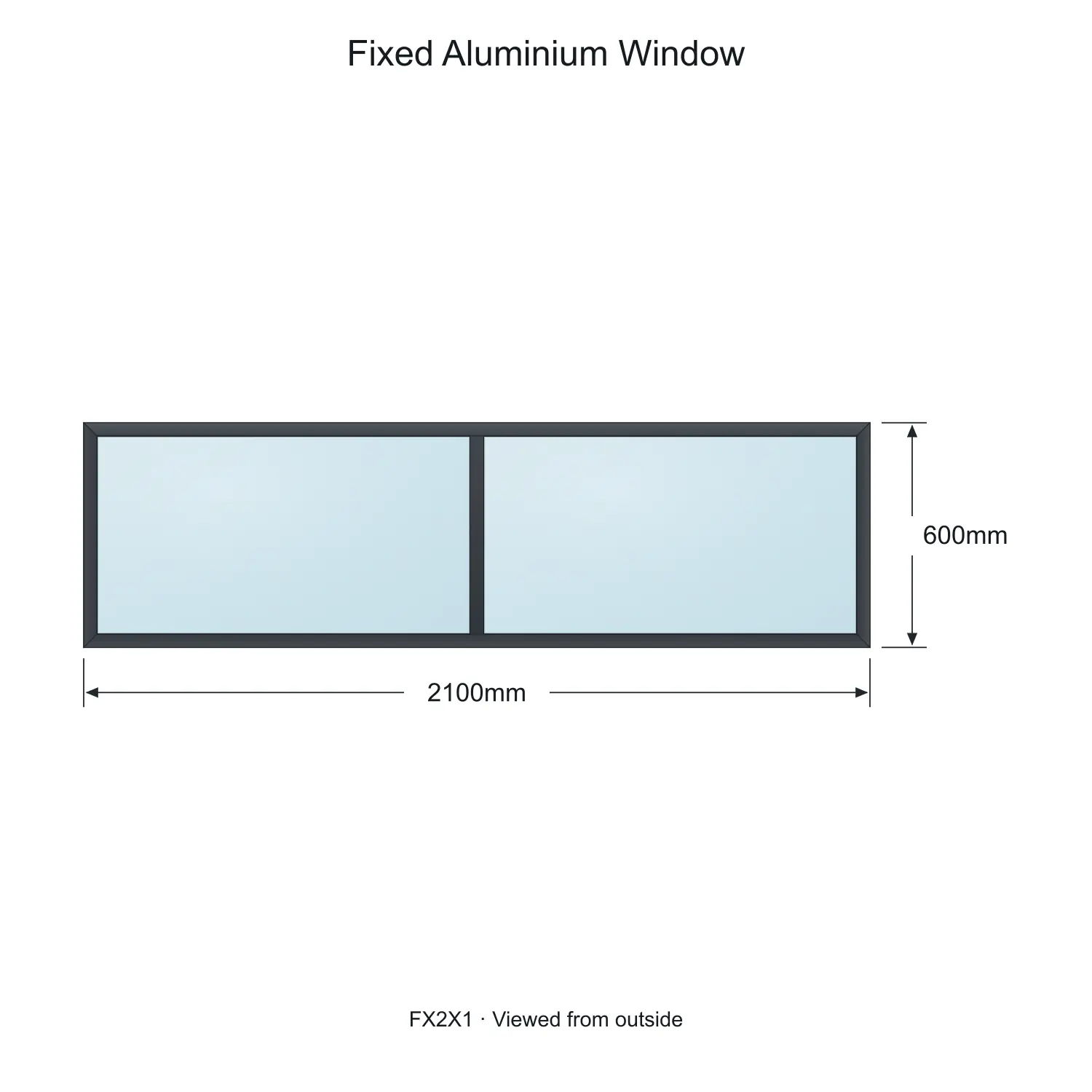 fixed aluminium window 2 panel fx2x1 2100 x 600 mm measurements