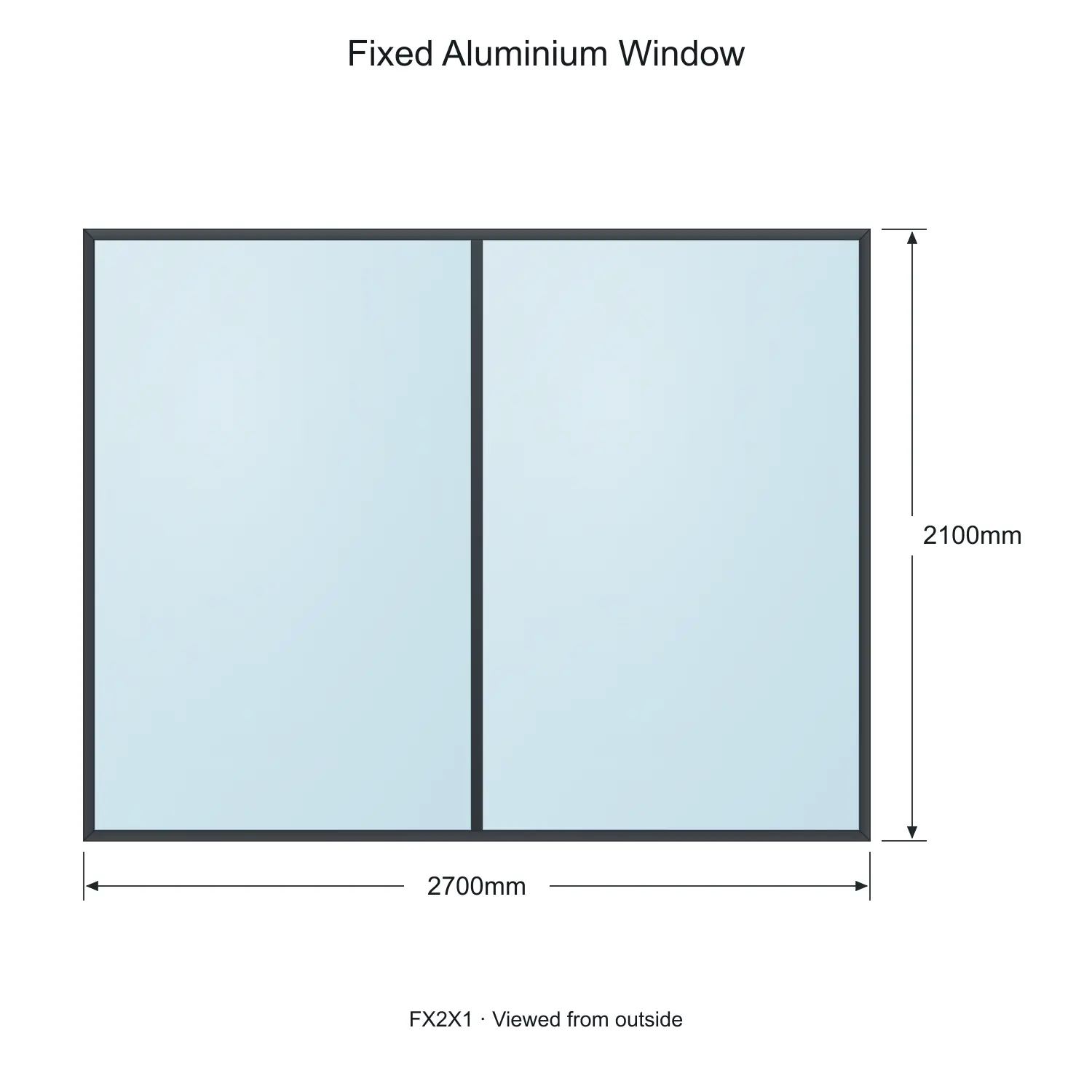 fixed aluminium window 2 panel fx2x1 2700 x 2100 mm measurements