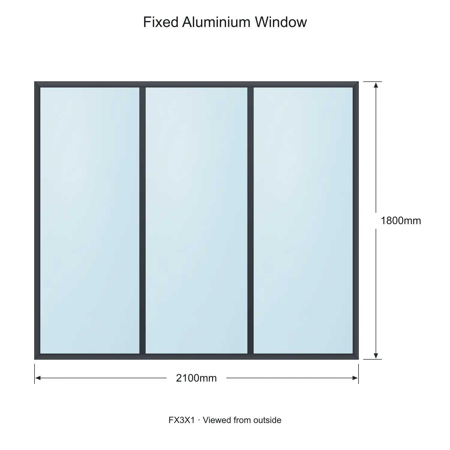 fixed aluminium window 3 panel fx3x1 2100 x 1800 mm measurements