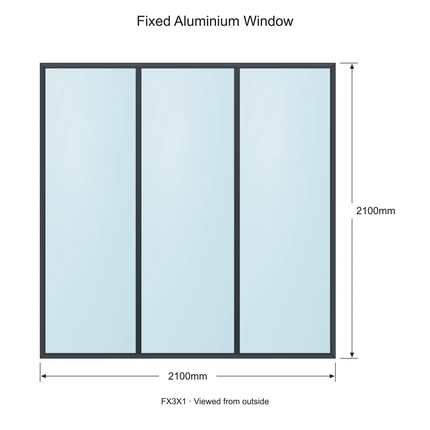 fixed aluminium window 3 panel fx3x1 2100 x 2100 mm measurements