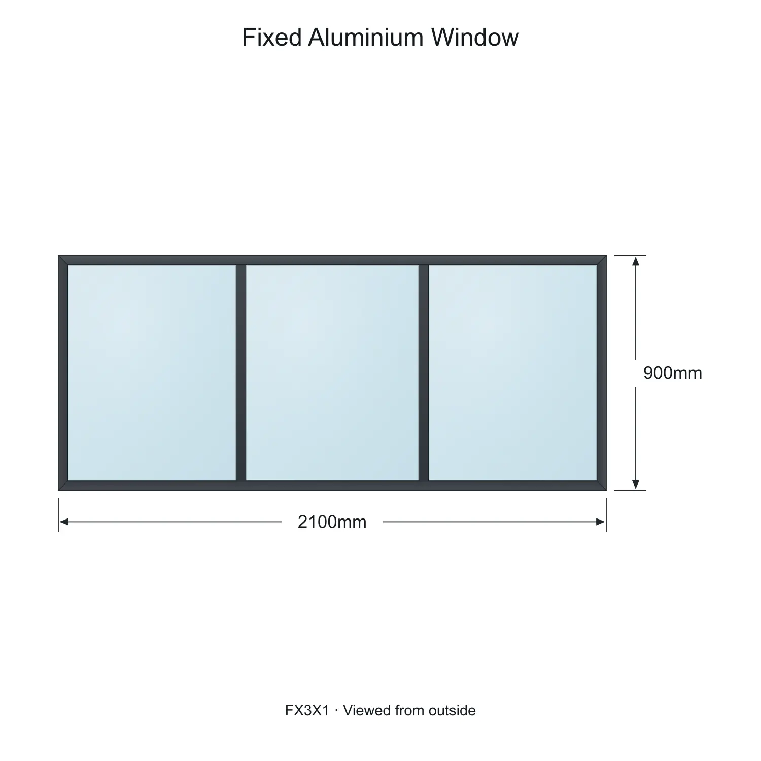 fixed aluminium window 3 panel fx3x1 2100 x 900 mm measurements
