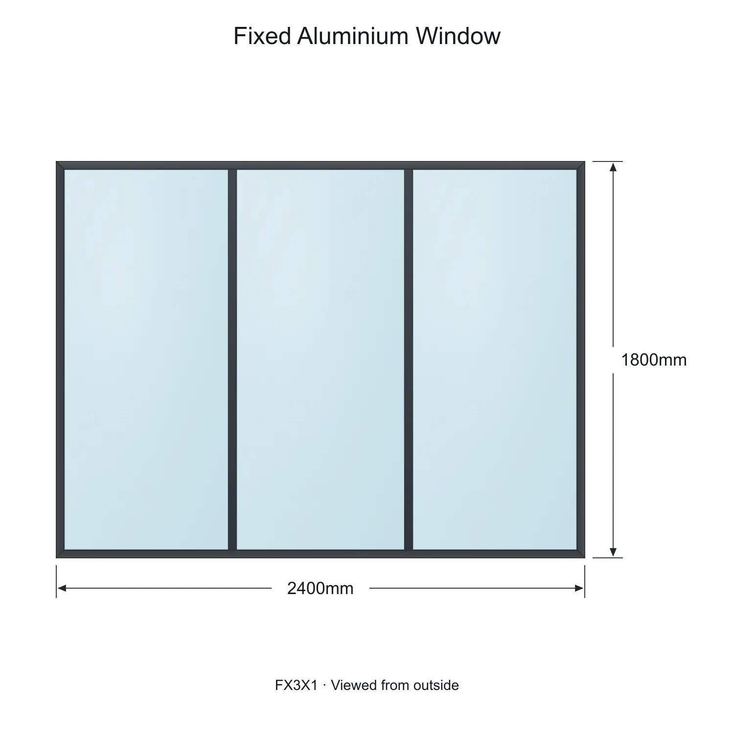 fixed aluminium window 3 panel fx3x1 2400 x 1800 mm measurements