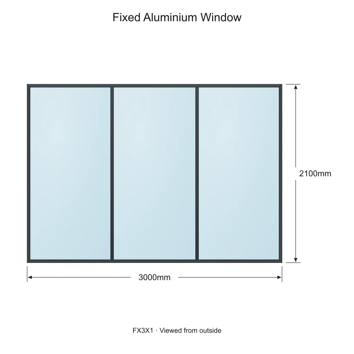 fixed aluminium window 3 panel fx3x1 3000 x 2100 mm measurements