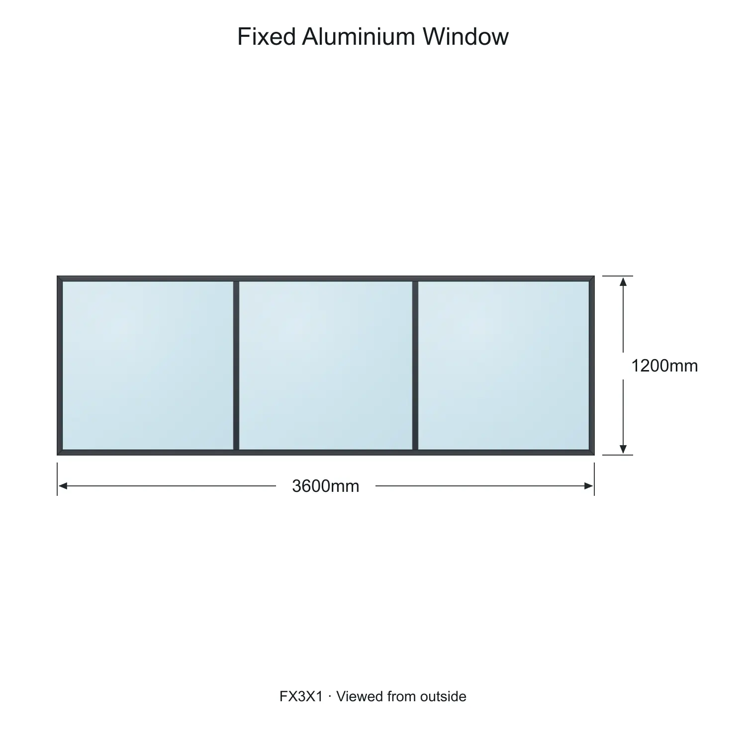 fixed aluminium window 3 panel fx3x1 3600 x 1200 mm measurements