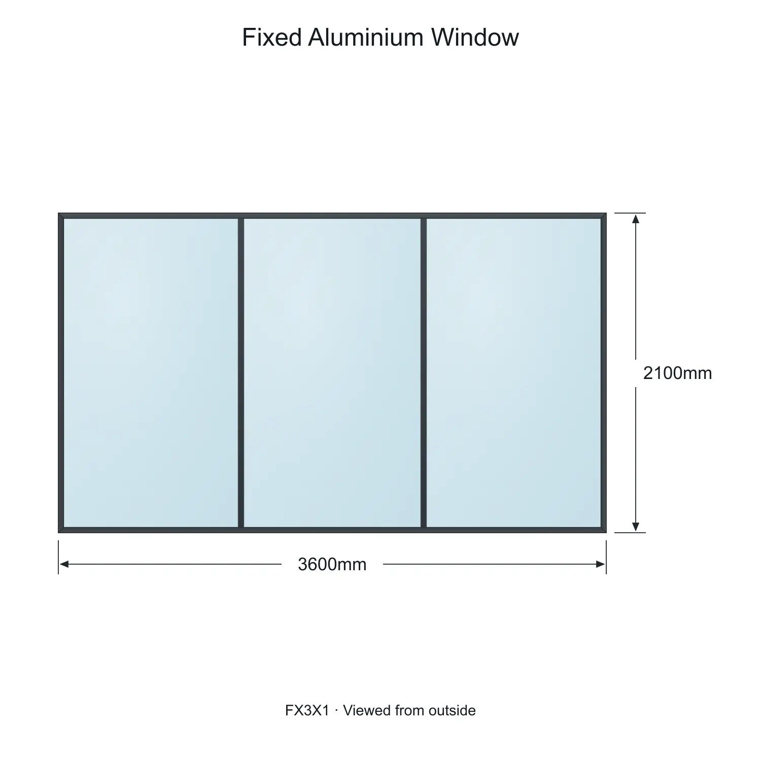 fixed aluminium window 3 panel fx3x1 3600 x 2100 mm measurements