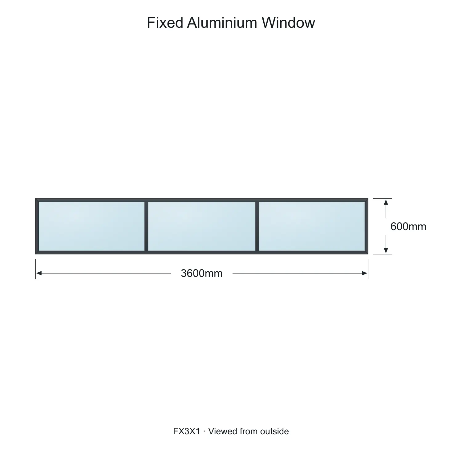 fixed aluminium window 3 panel fx3x1 3600 x 600 mm measurements