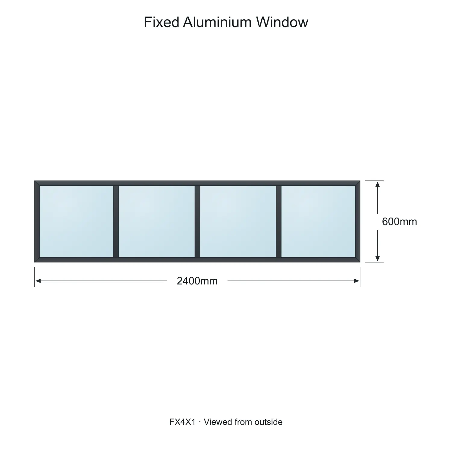 fixed aluminium window 4 panel fx4x1 2400 x 600 mm measurements