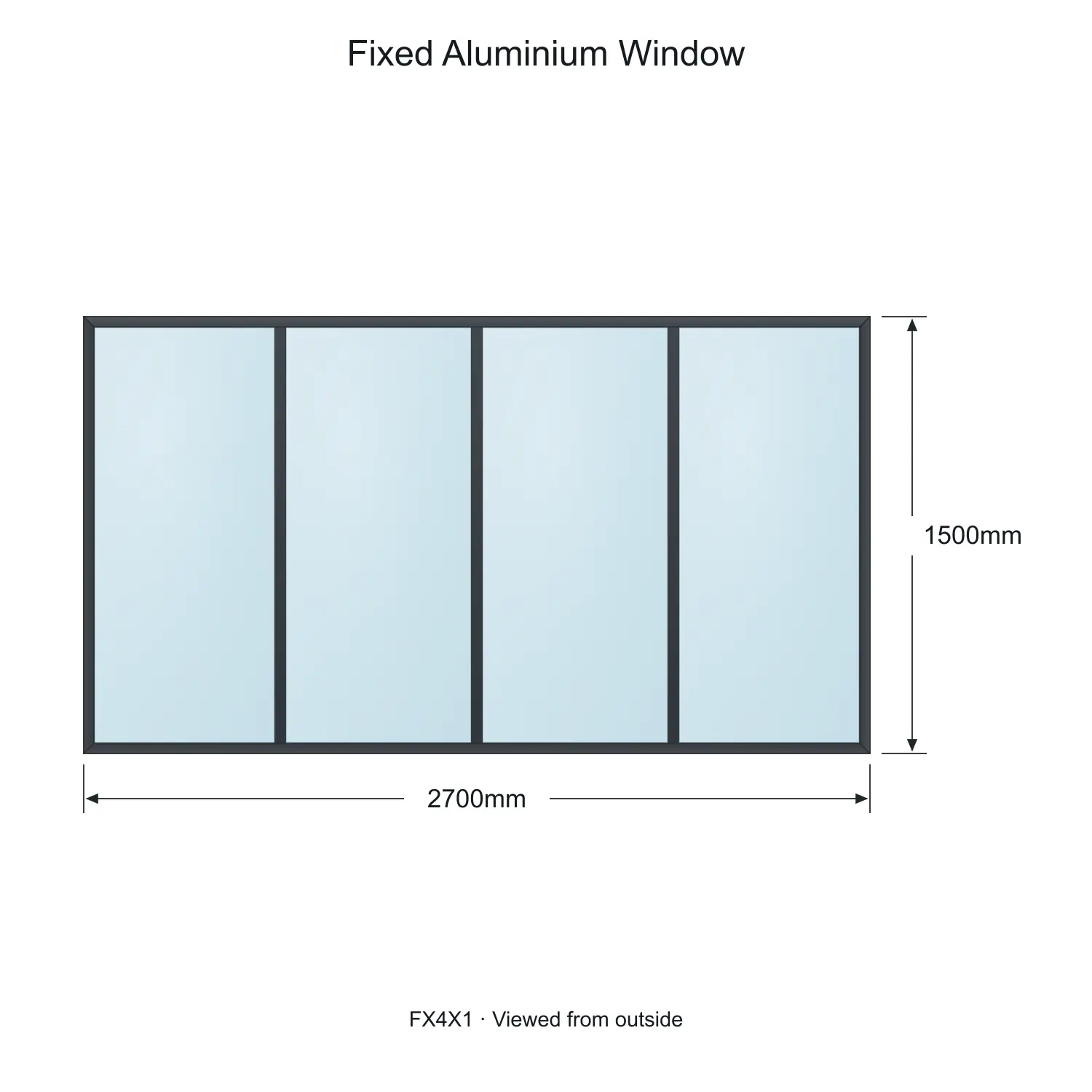 fixed aluminium window 4 panel fx4x1 2700 x 1500 mm measurements