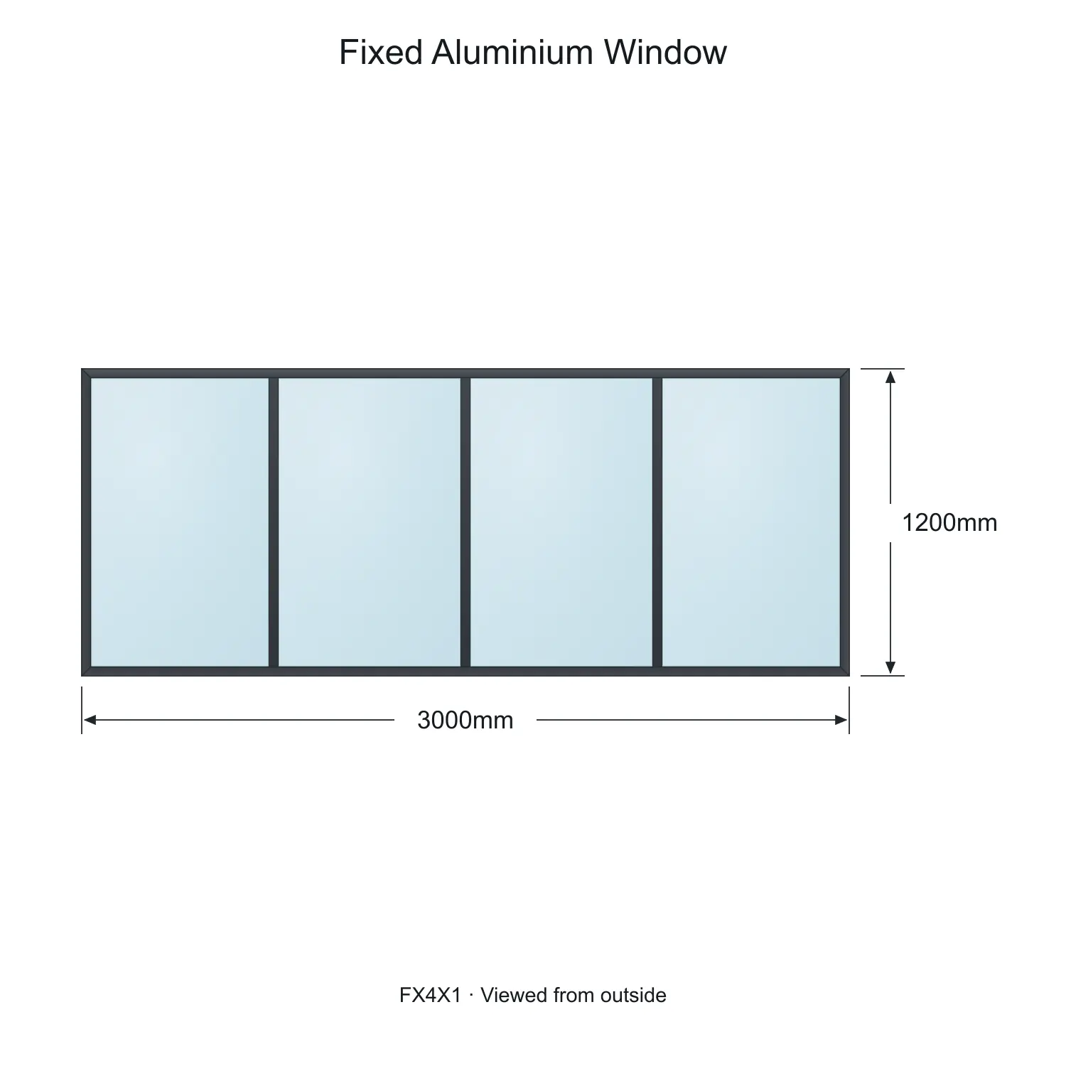 fixed aluminium window 4 panel fx4x1 3000 x 1200 mm measurements
