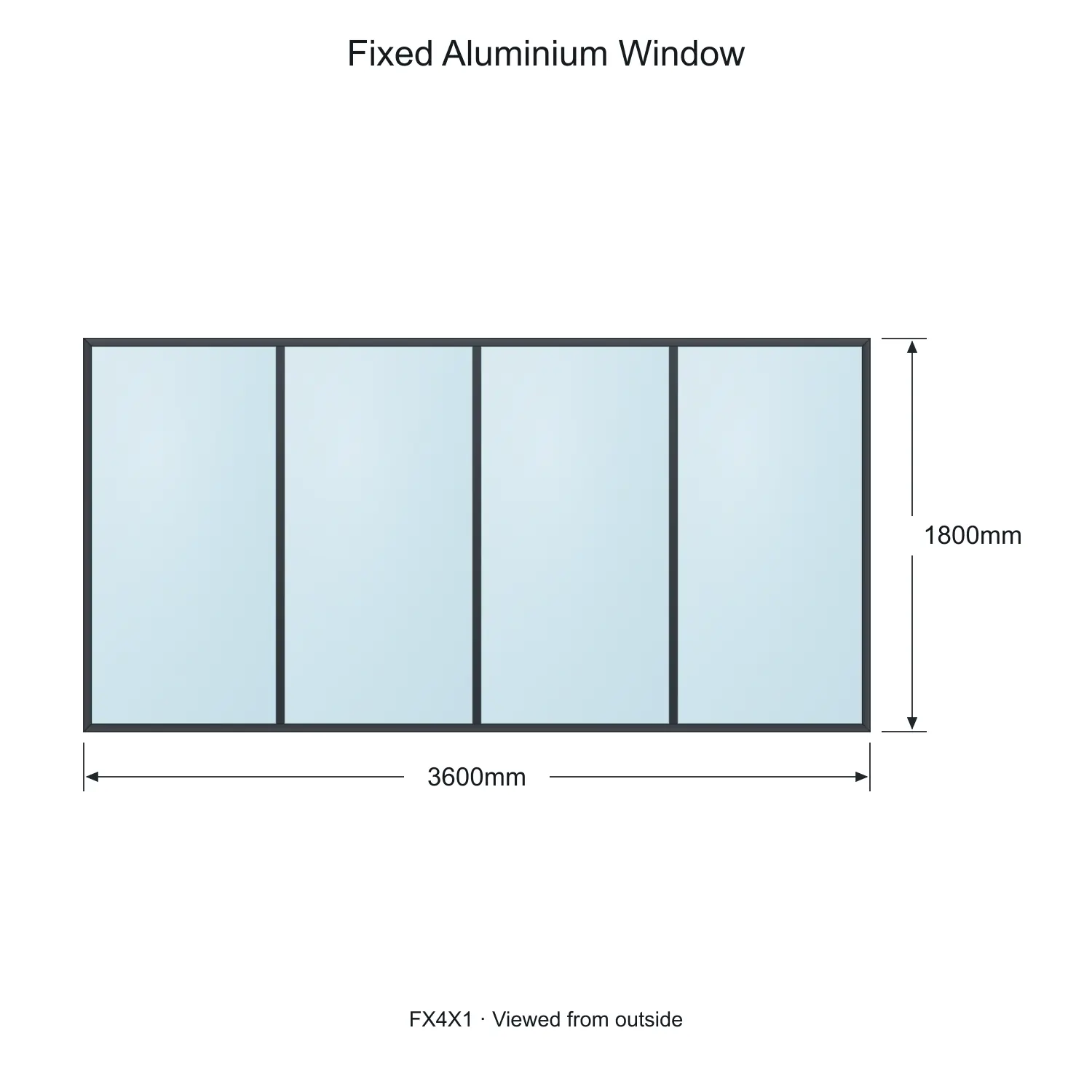 fixed aluminium window 4 panel fx4x1 3600 x 1800 mm measurements