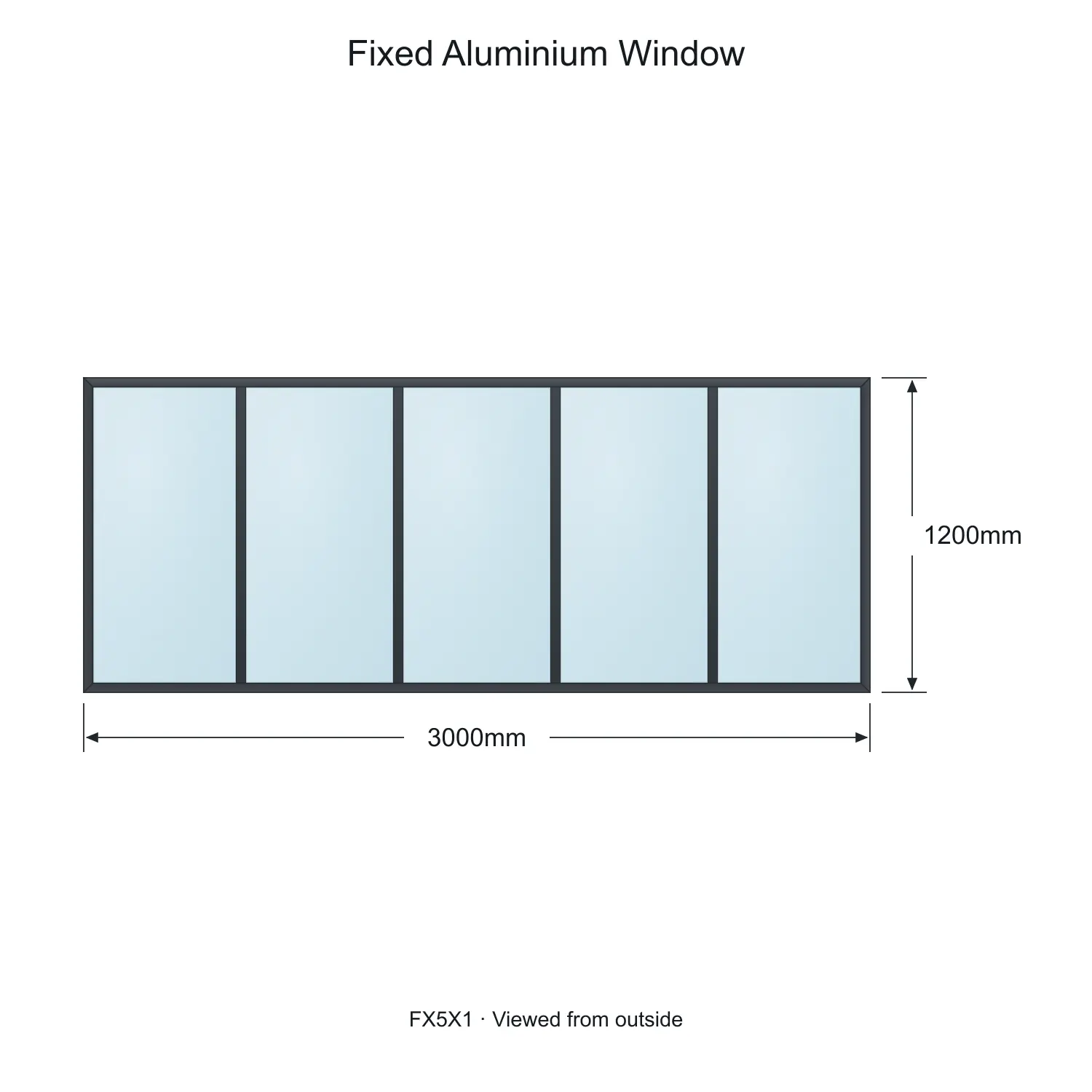 fixed aluminium window 5 panel fx5x1 3000 x 1200 mm measurements