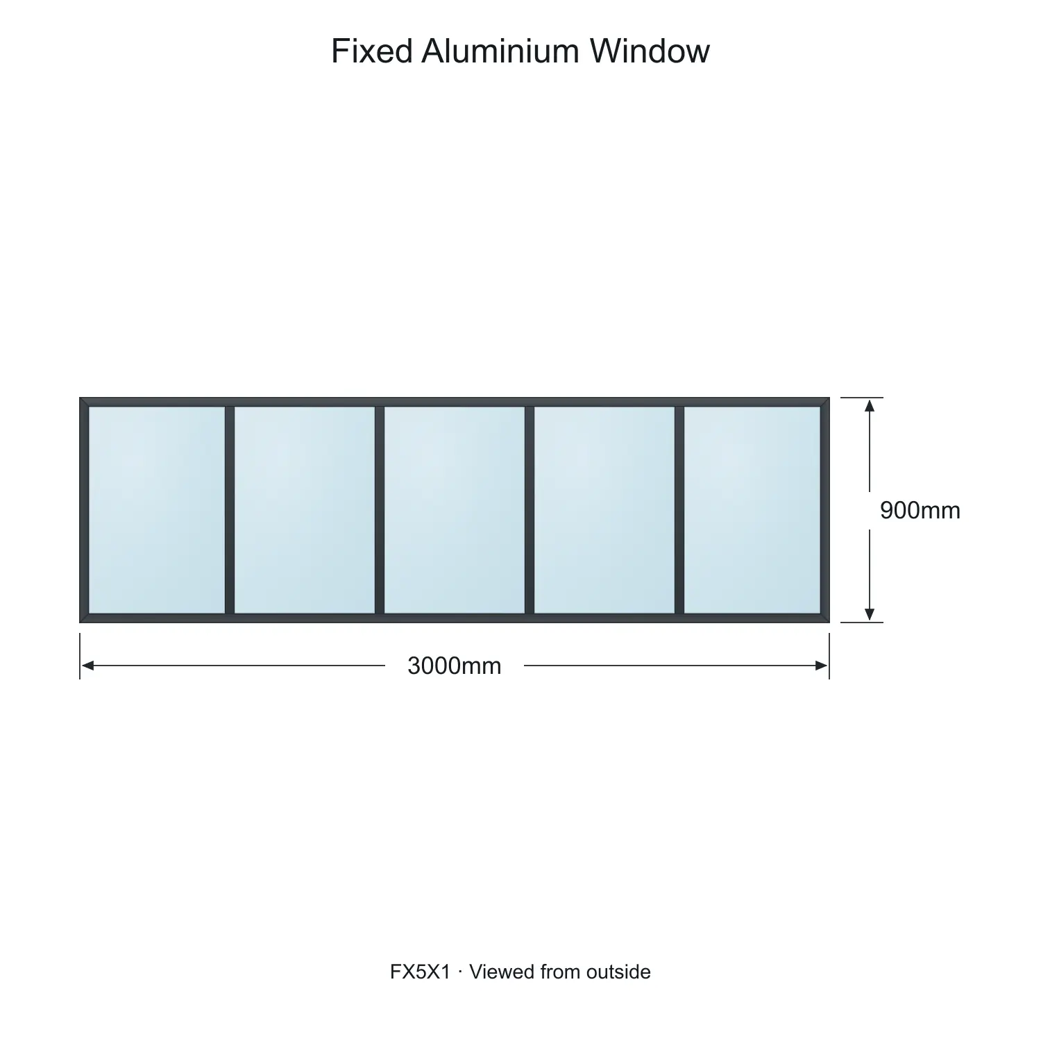 fixed aluminium window 5 panel fx5x1 3000 x 900 mm measurements