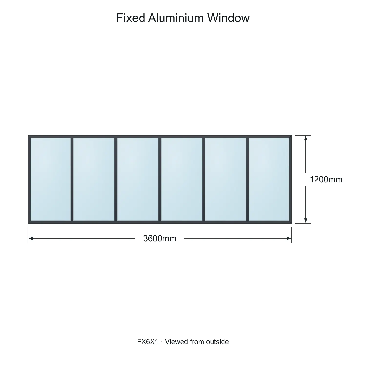 fixed aluminium window 6 panel fx6x1 3600 x 1200 mm measurements