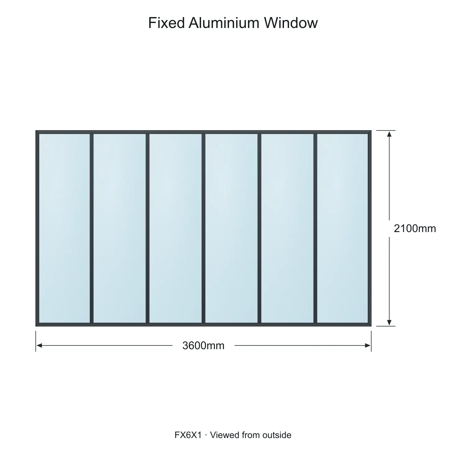 fixed aluminium window 6 panel fx6x1 3600 x 2100 mm measurements
