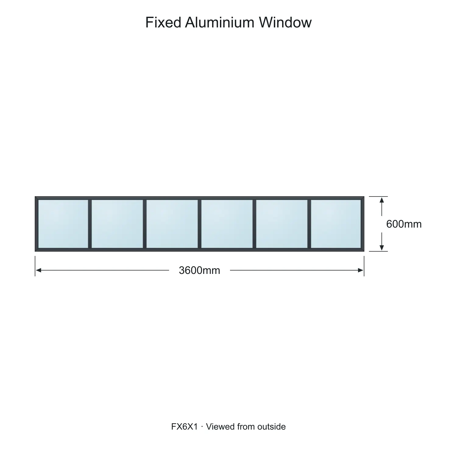 fixed aluminium window 6 panel fx6x1 3600 x 600 mm measurements