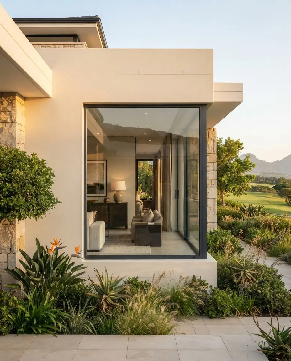 Large fixed aluminium picture window overlooking a landscaped garden
