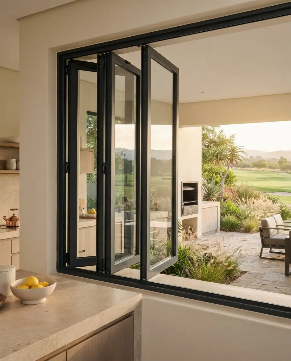 Charcoal aluminium folding windows opening towards a modern patio