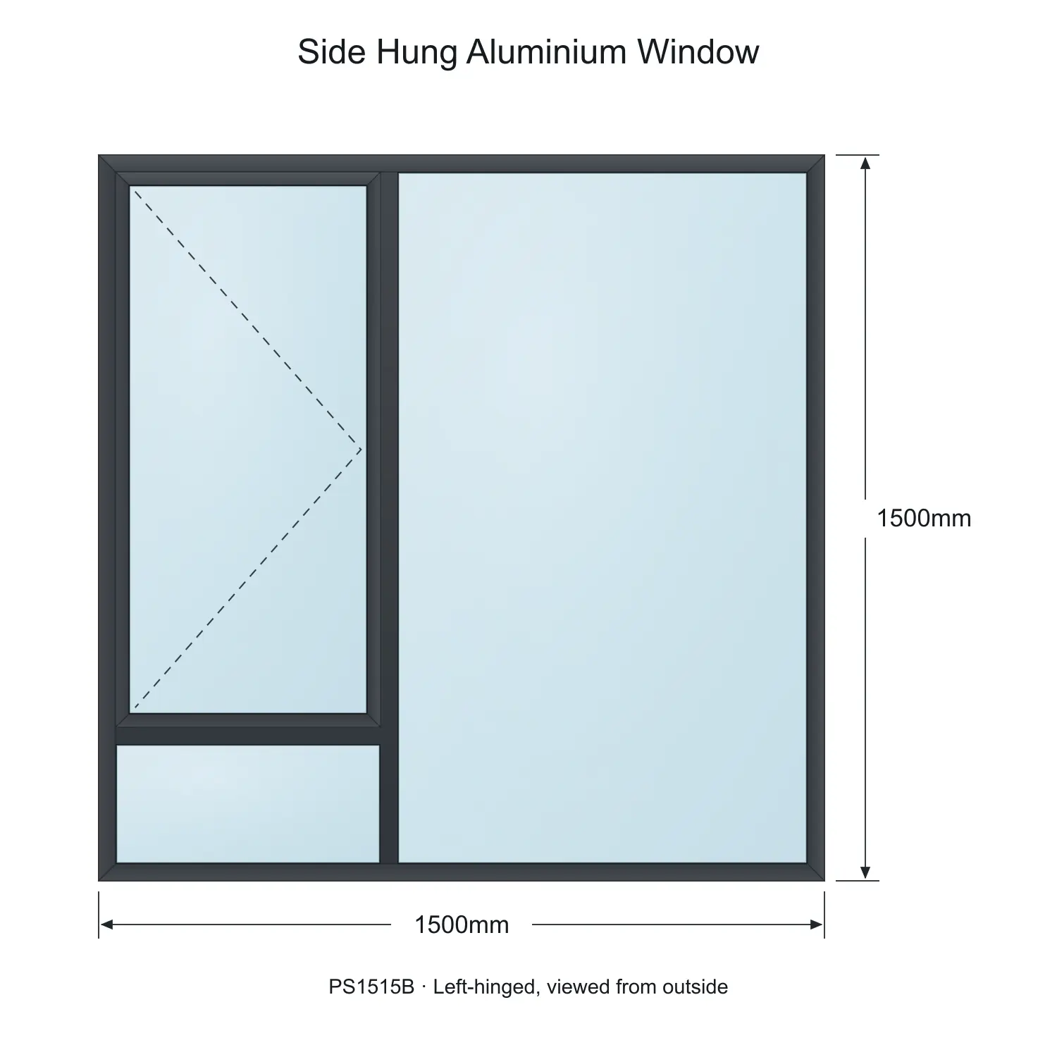 side hung aluminium window ps1515b 1500 x 1500 mm measurements