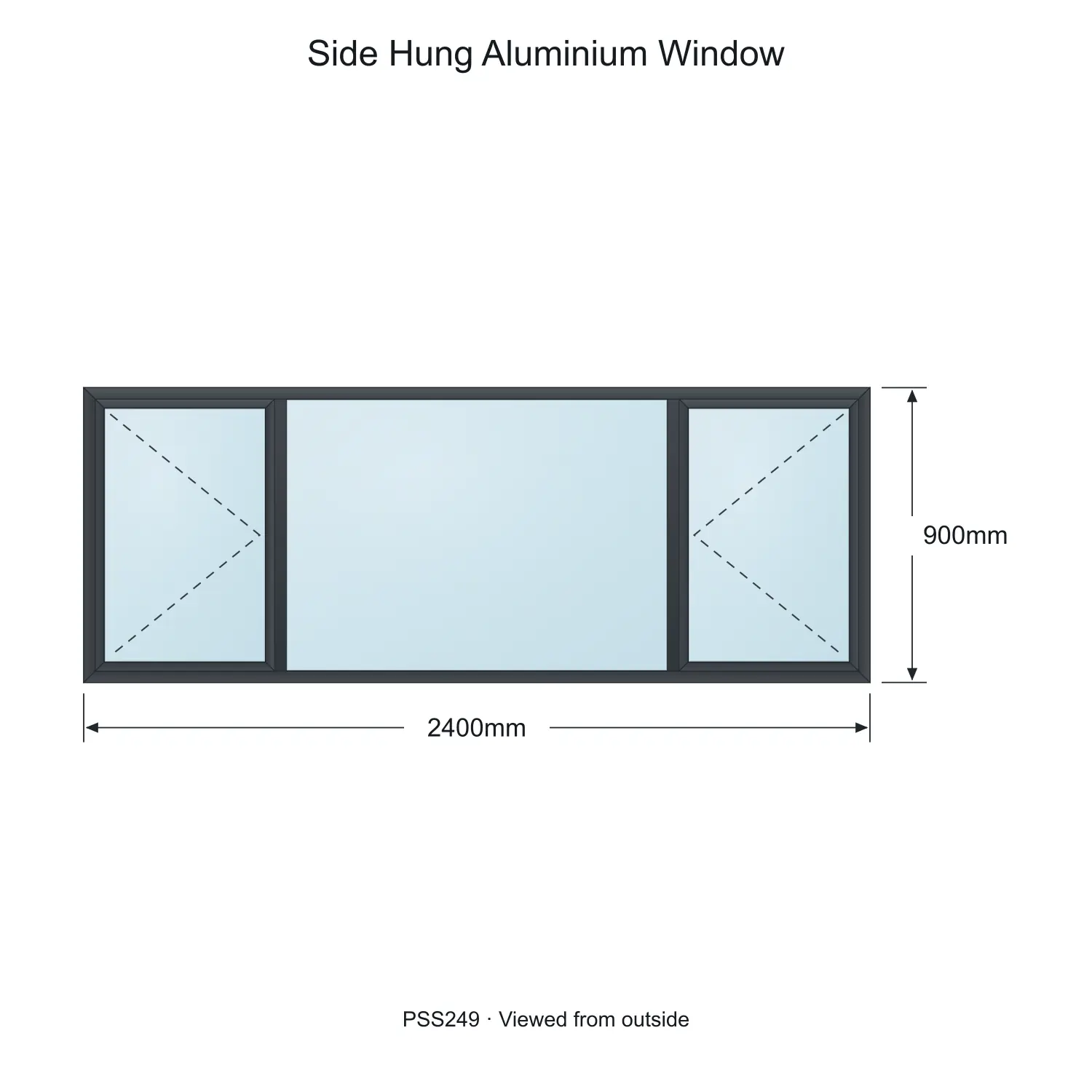 side hung aluminium window pss249 2400 x 900 mm measurements