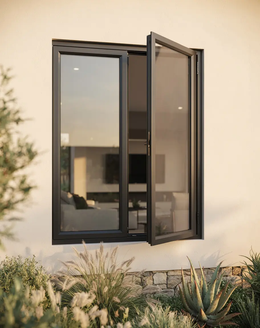 Charcoal side hung aluminium casement window opening outwards
