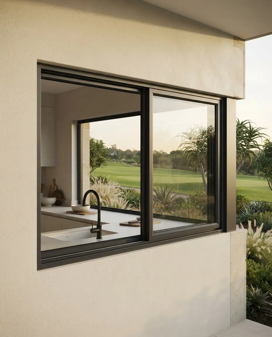Charcoal aluminium sliding window in a contemporary kitchen