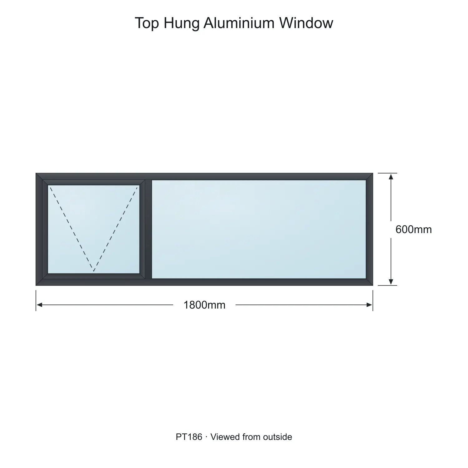 top hung aluminium window pt186 1800 x 600 mm measurements