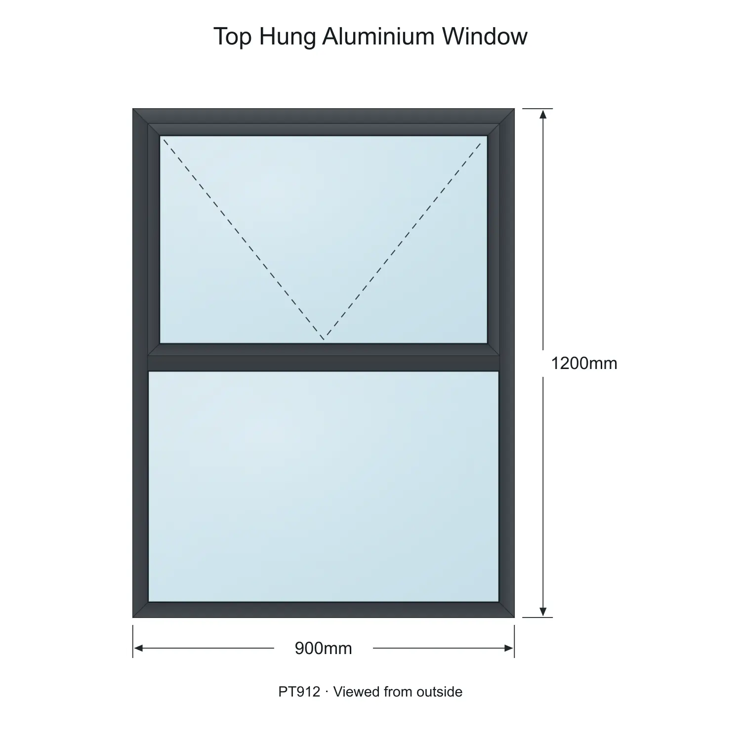 Top Hung Aluminium Window PT912 – 900 x 1200 mm, measurements viewed from outside