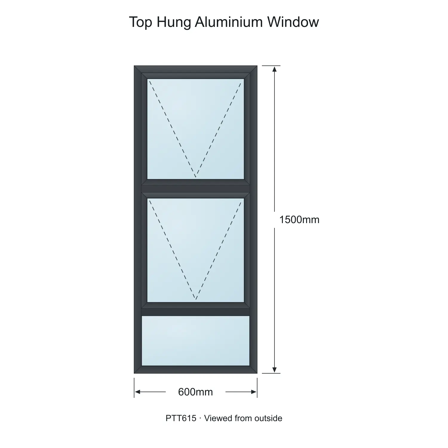 Top Hung Aluminium Window PTT615 – 600 x 1500 mm, measurements viewed from outside