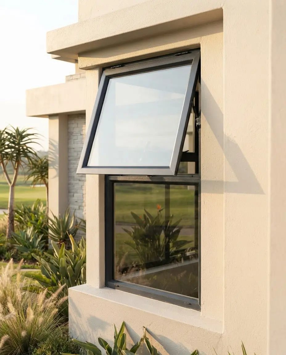 Charcoal top hung aluminium window opening outwards on a modern home